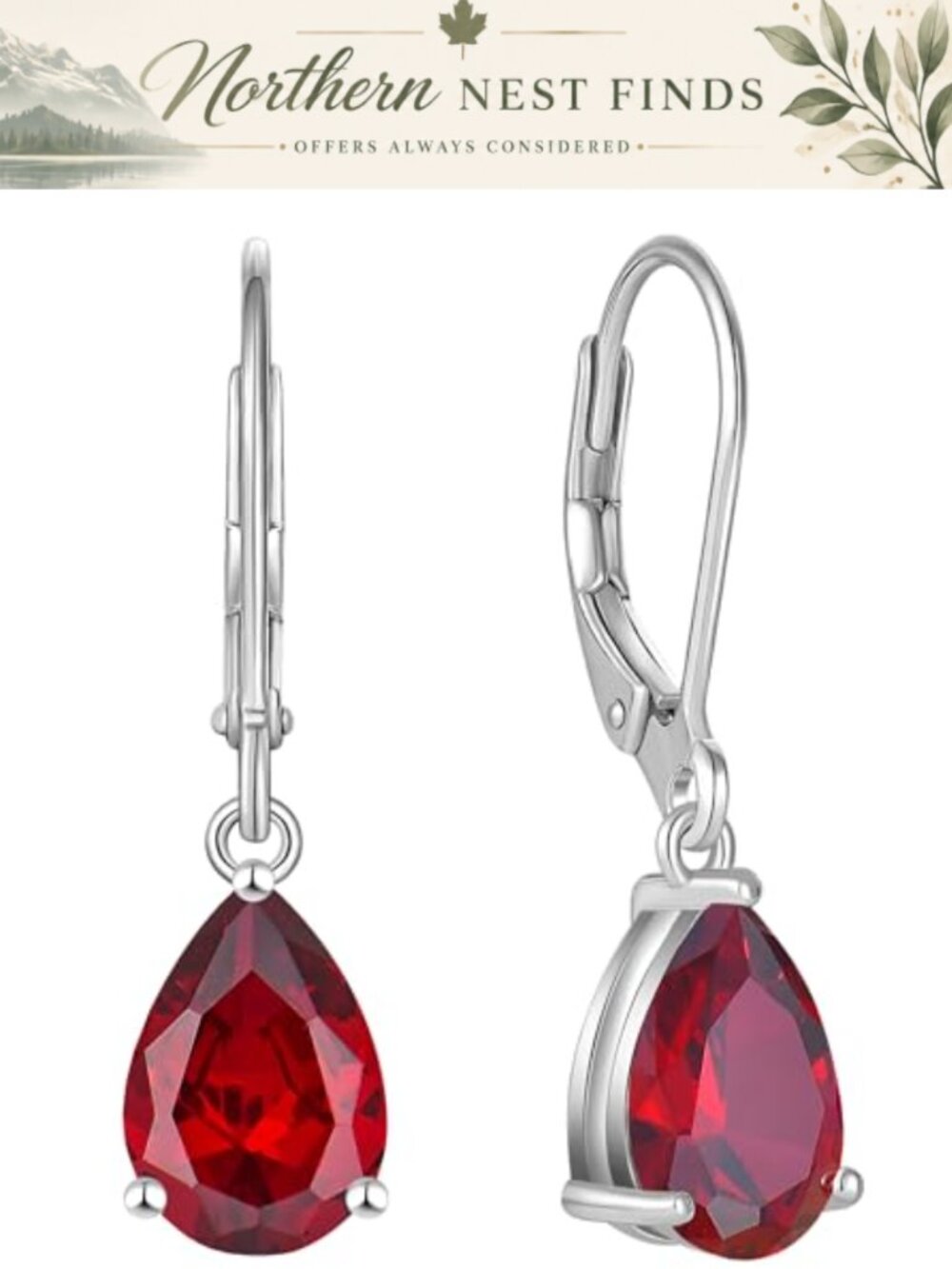 925 Sterling Silver Pear Cut Ruby Dangle Drop Leverback Earrings Women